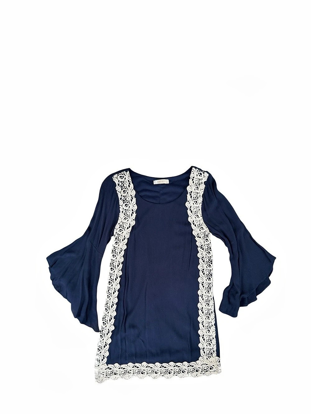 ENTRO Bell Sleeve Crochet Top Lace Trim Blouse Blue Small
